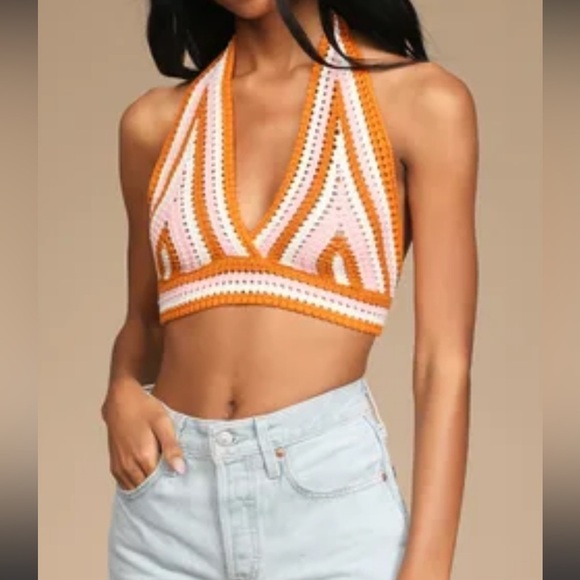 🟢Nwot Groovy Vibes Cream Multi Knit Halter Cropped Sweater Tank - Picture 2 of 4